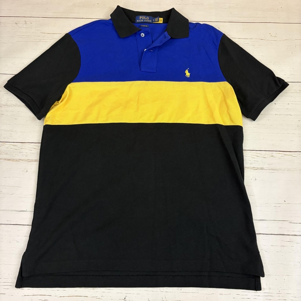 Polo Ralph Lauren Polo Shirt Mens M Blue Yellow Black Colorblock Classic Fit